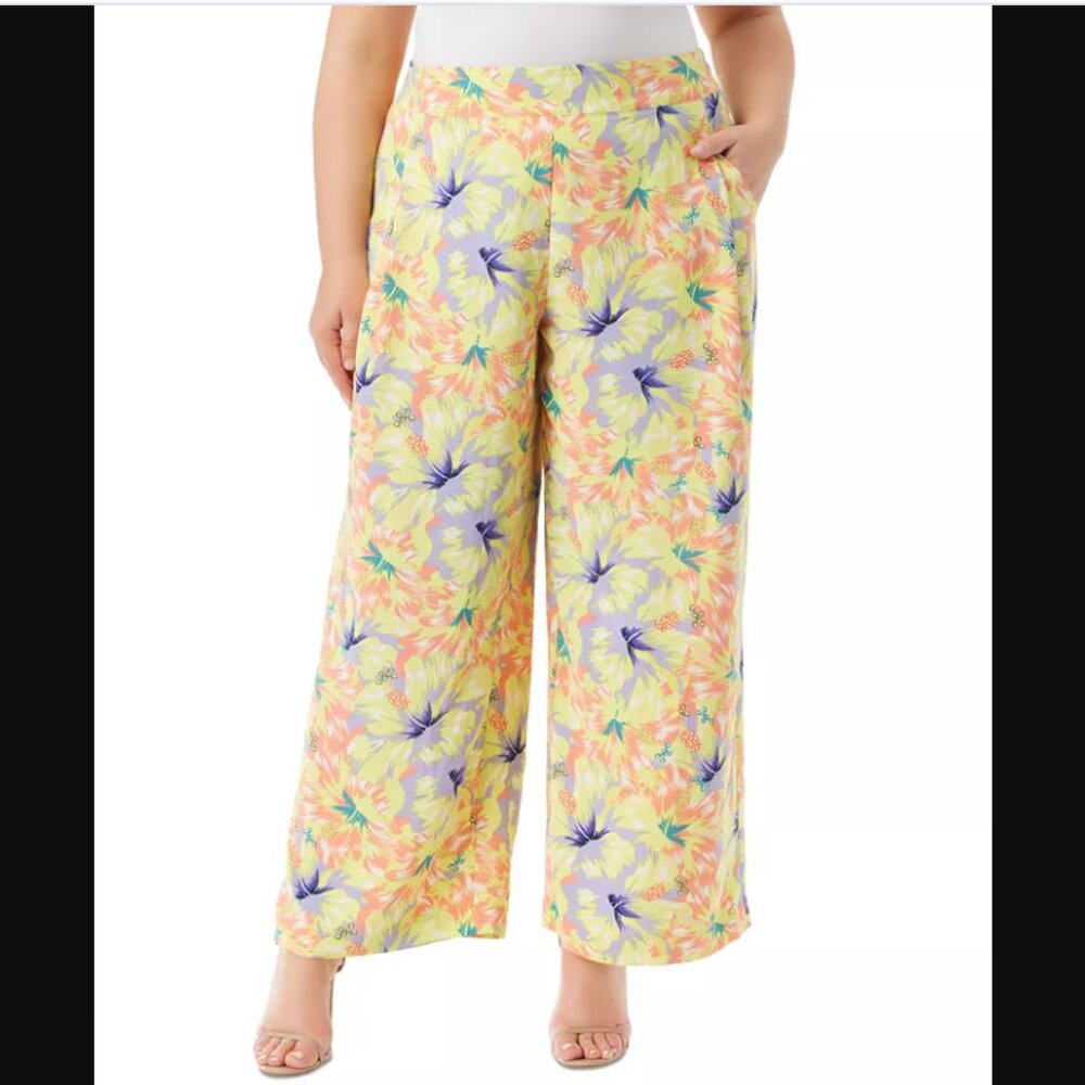 New Jessica SImpson Yellow Orange Floral Flowy Wide Leg Pull-on Pants 3X Resort